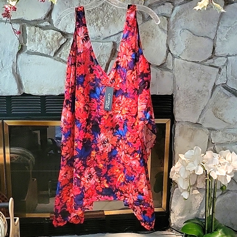 CONTOUR BY BEACH SCENE Plus Size floral cold shoulder swimsuit cover up New!